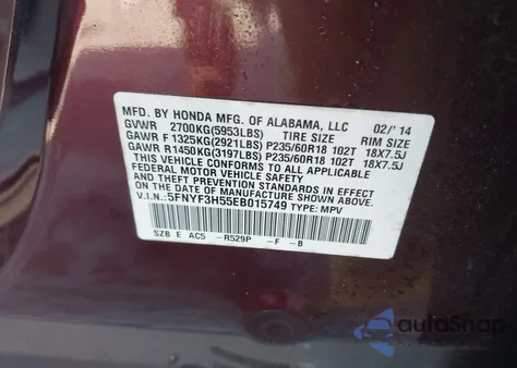 2014 Honda Pilot Ex-L from USA, damaged, VIN 5FNYF3H55EB015749